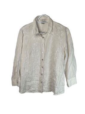 Edward Womens Size Large White Linen Blouse Button Up Shirt Embroidered